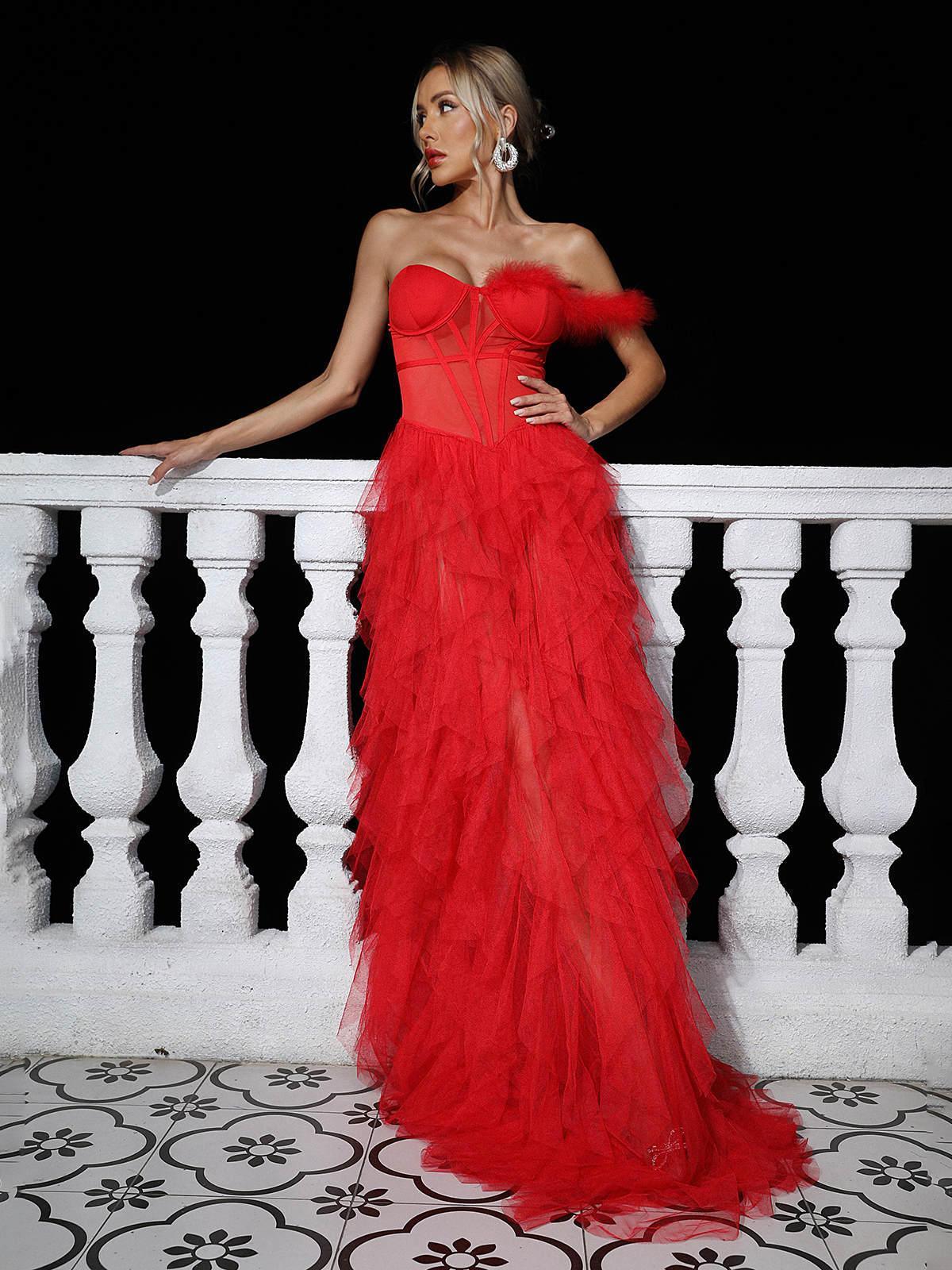 Corset Bodice Feather Trim Tiered Ruffle Tulle Maxi Gown