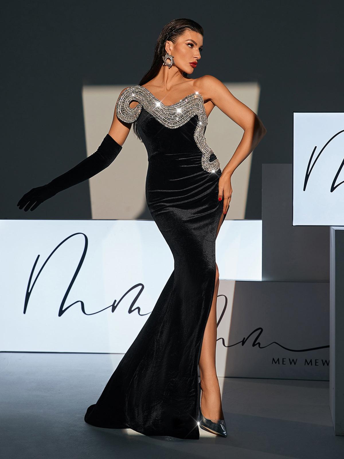 One Shoulder Beaded Wave Sweetheart High Slit Velvet Maxi Gown With Glove 3