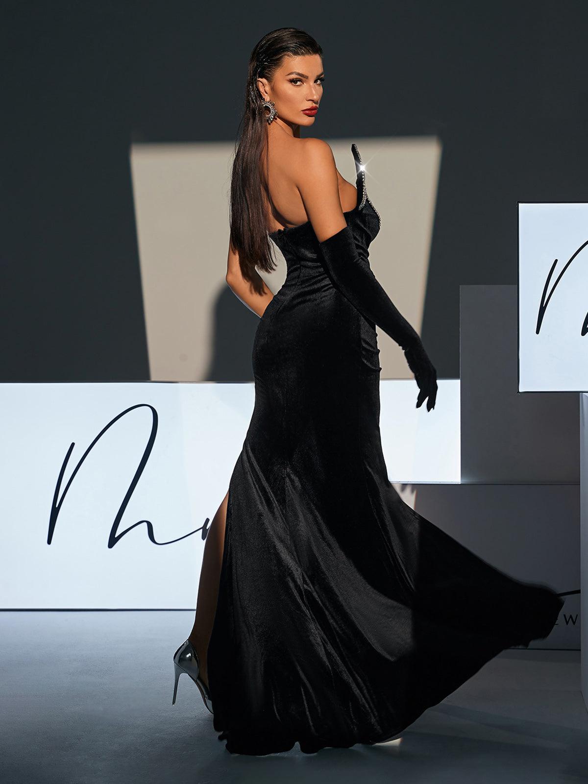 One Shoulder Beaded Wave Sweetheart High Slit Velvet Maxi Gown With Glove 7