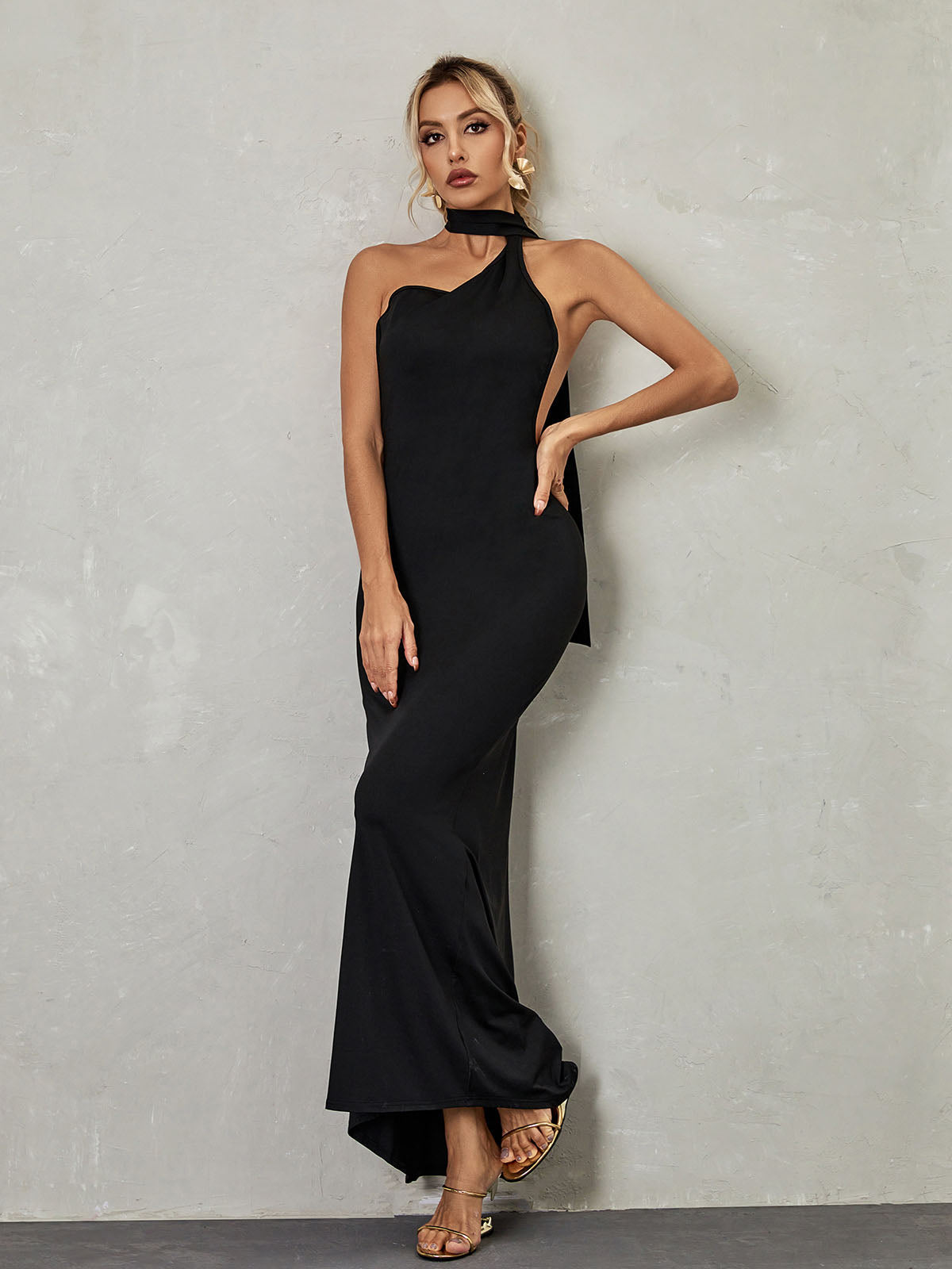 Halter Neck Scarf Sash Backless Ruched Column Maxi Dress 2