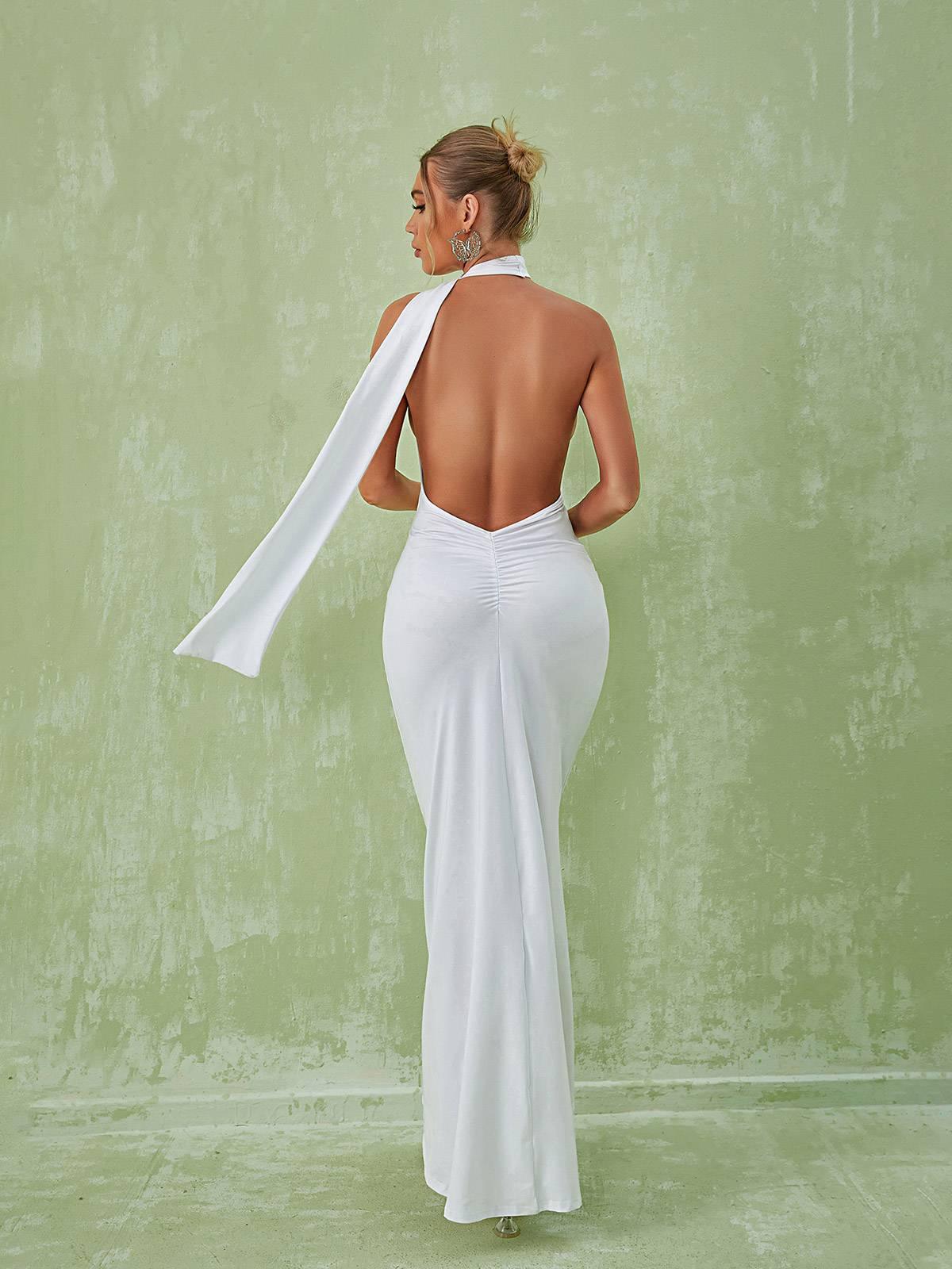 Halter Backless Scarf Sash Drape Ruched Seam Column Maxi Gown