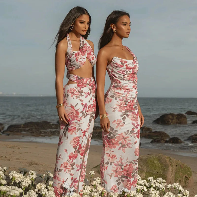 Pink Floral One-Shoulder Cowl-Neck Ruched Bodycon Maxi Dress