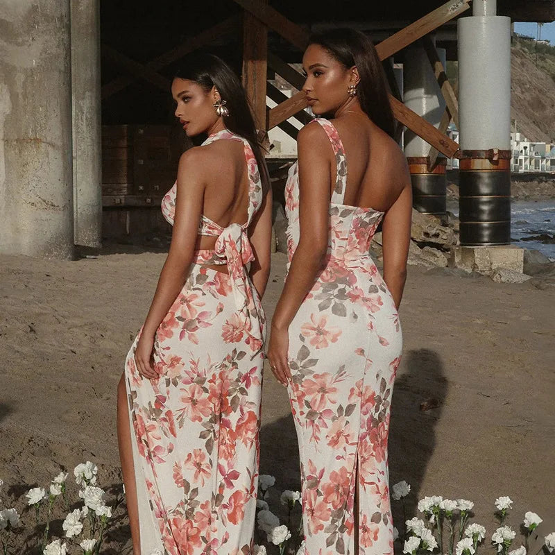 Pink Floral One-Shoulder Cowl-Neck Ruched Bodycon Maxi Dress