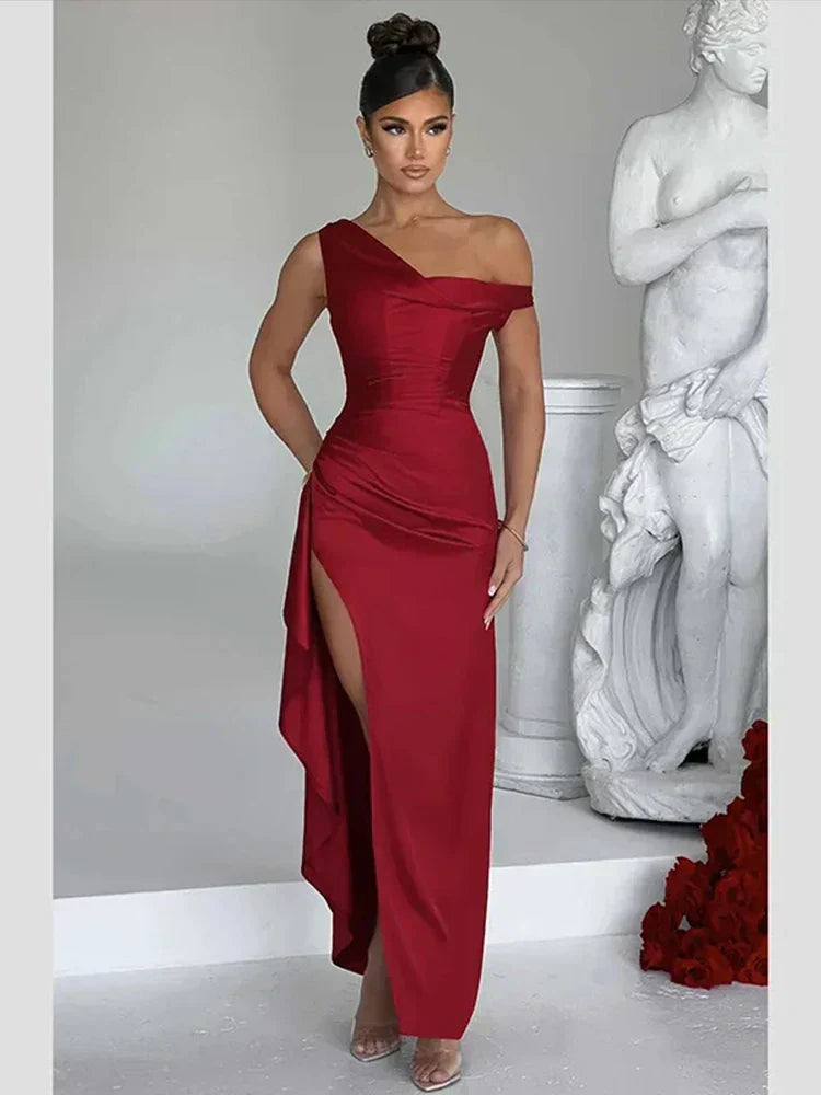 Satin One Shoulder Ruched High Split Ruffle Side Maxi Gown 5