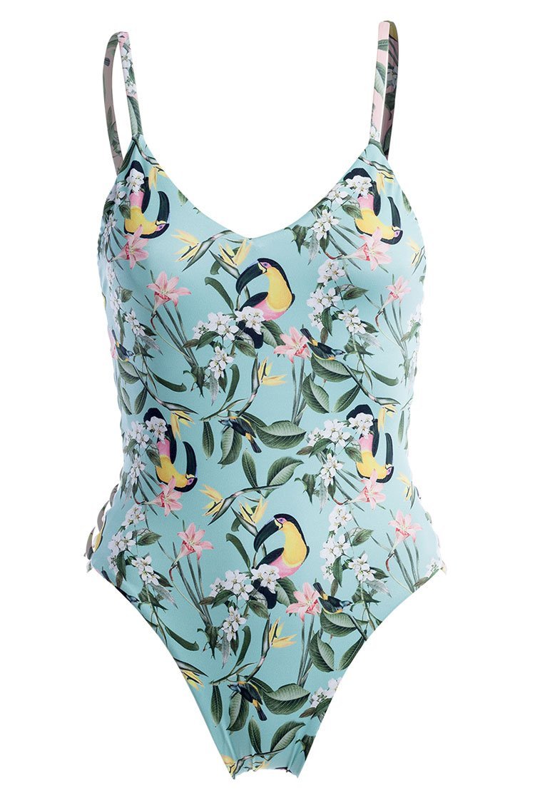 Tropical Low Back Strappy Side V Neck Sexy One Piece Swimsuit