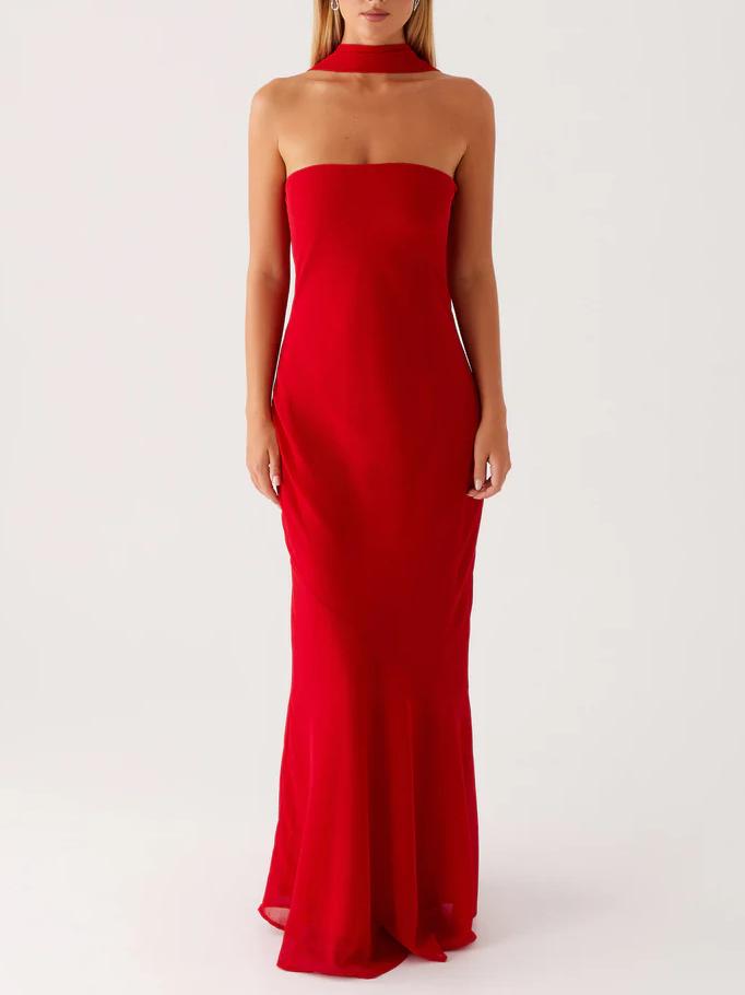 Satin Strapless Choker Neck Mermaid Maxi Gown 2