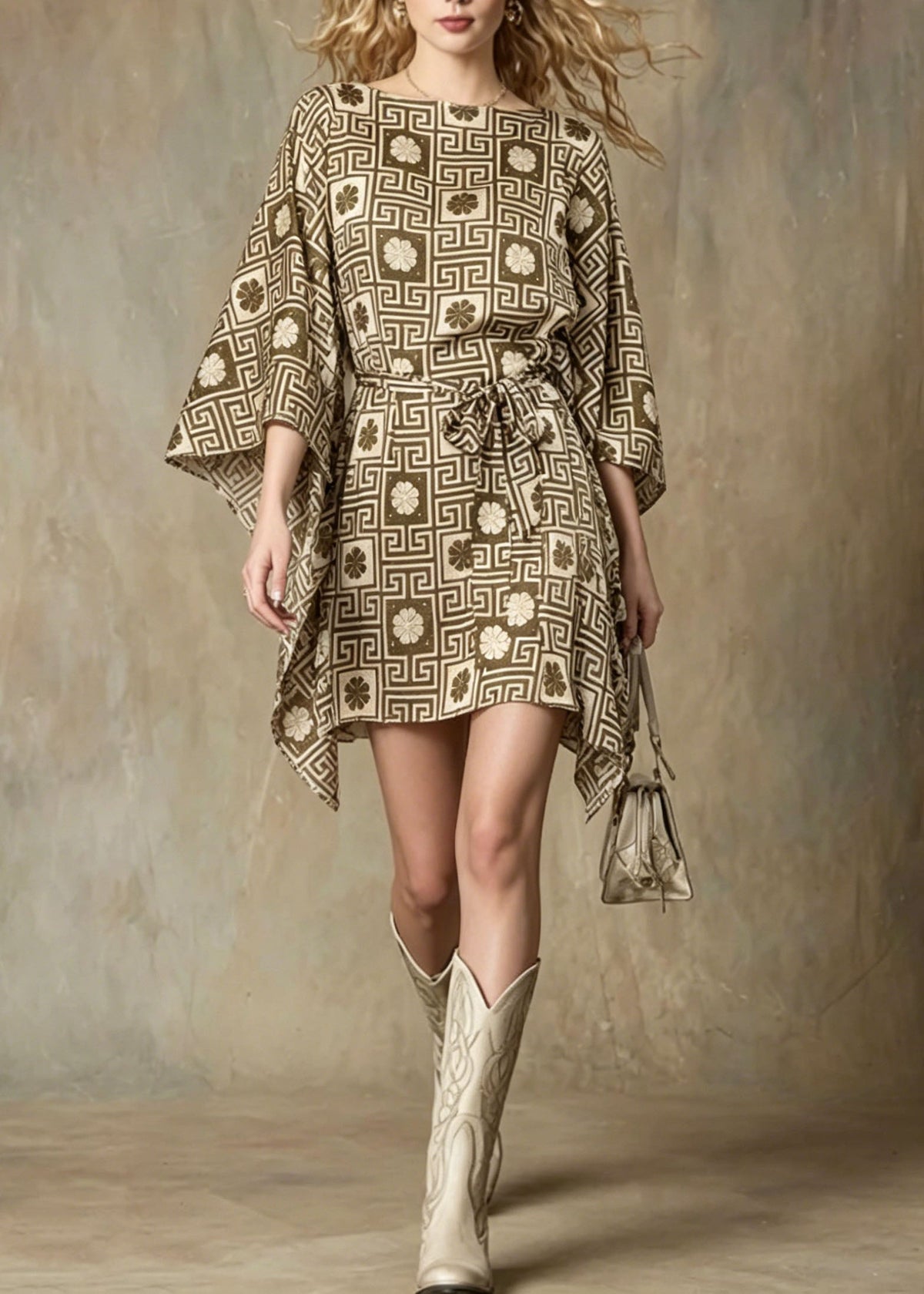 Boat Neck Greek Key Floral Grid Belted Bell Sleeve Mini Dress 3