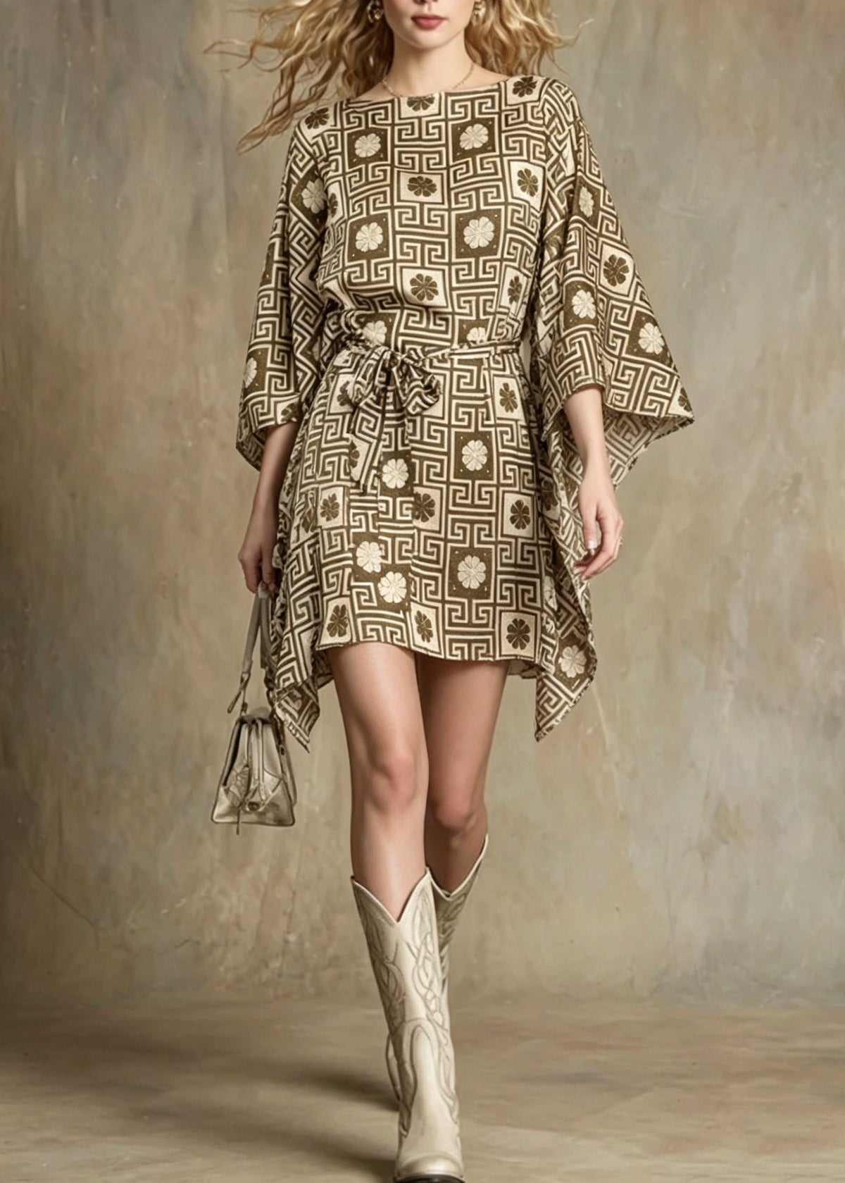 Boat Neck Greek Key Floral Grid Belted Bell Sleeve Mini Dress 5
