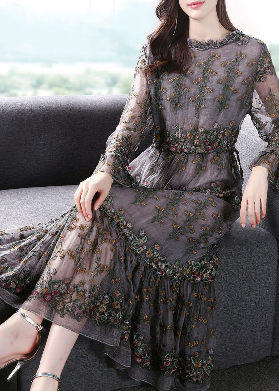 Floral Embroidered Tiered Gauze Long Sleeve Midi Dress 2