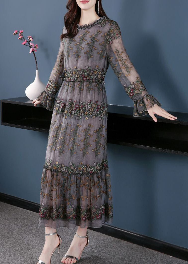 Floral Embroidered Tiered Gauze Long Sleeve Midi Dress 5