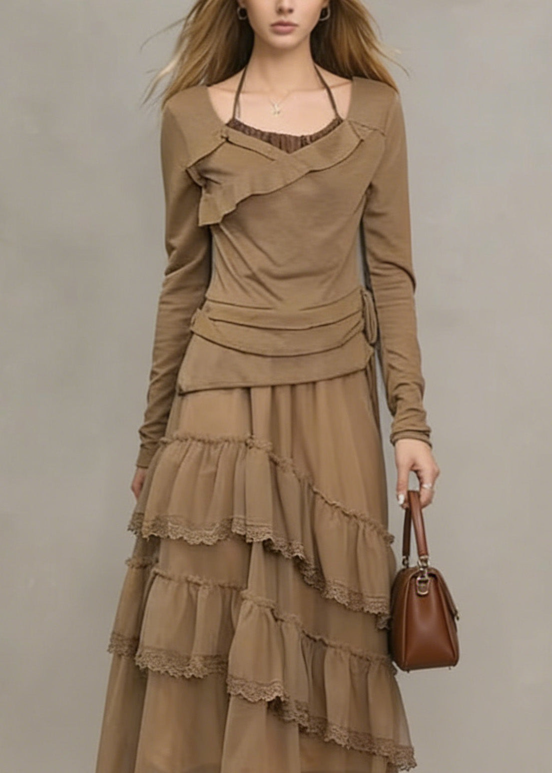Scoop Neck Asymmetric Ruffle Wrap Waist Lace Tier Mesh Midi Dress 2