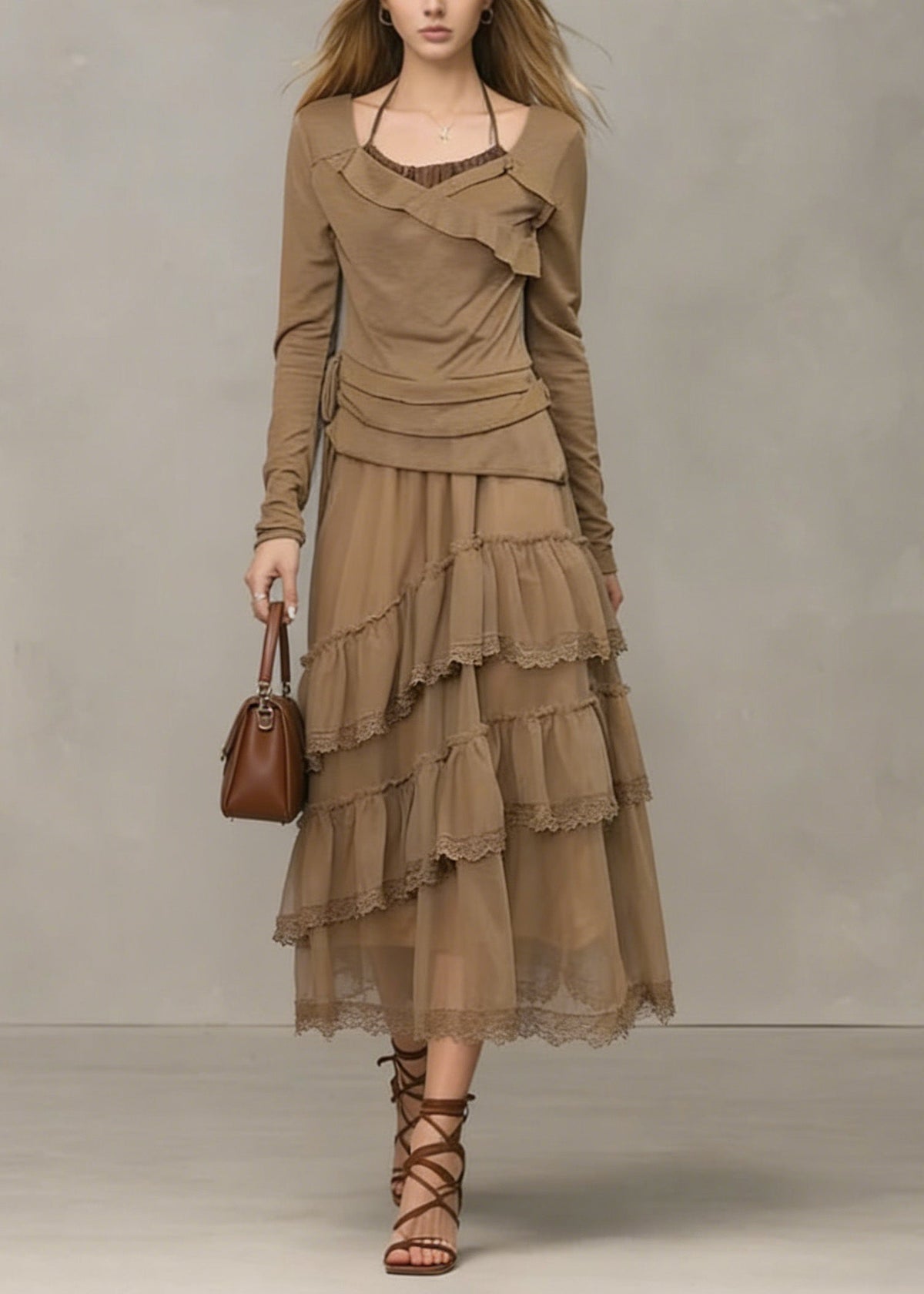 Scoop Neck Asymmetric Ruffle Wrap Waist Lace Tier Mesh Midi Dress 3