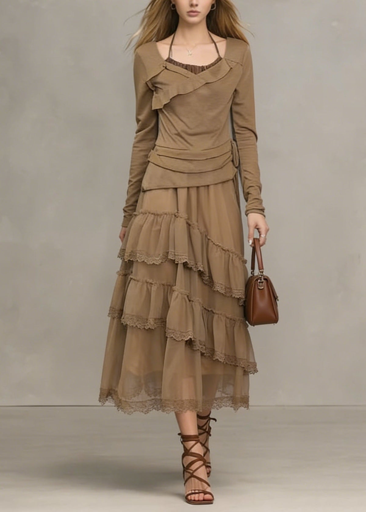 Scoop Neck Asymmetric Ruffle Wrap Waist Lace Tier Mesh Midi Dress 5