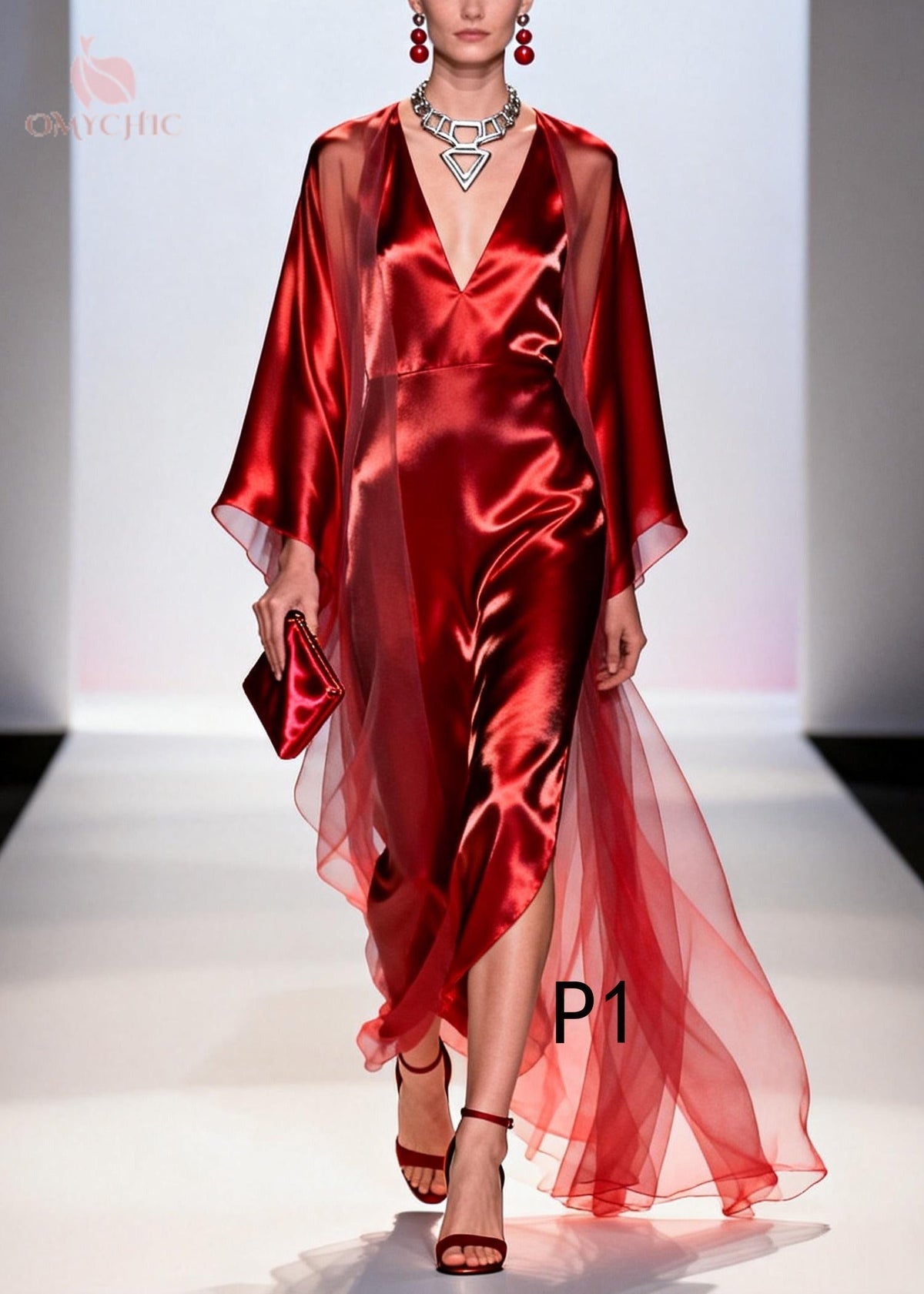 Deep V-Neck Sheer Cape Sleeve Satin Slit Maxi Gown