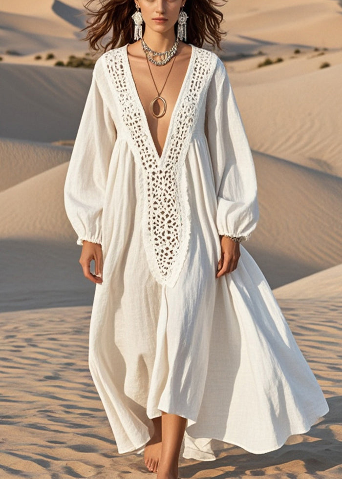 Crochet Trim V-Neck Balloon Sleeve Maxi Dress