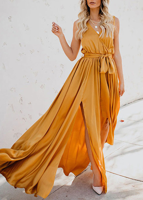 Sleeveless Wrap V-Neck Tie Waist High Slit Maxi Gown