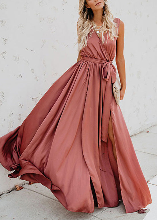 Sleeveless Wrap V-Neck Tie Waist High Slit Maxi Gown 2