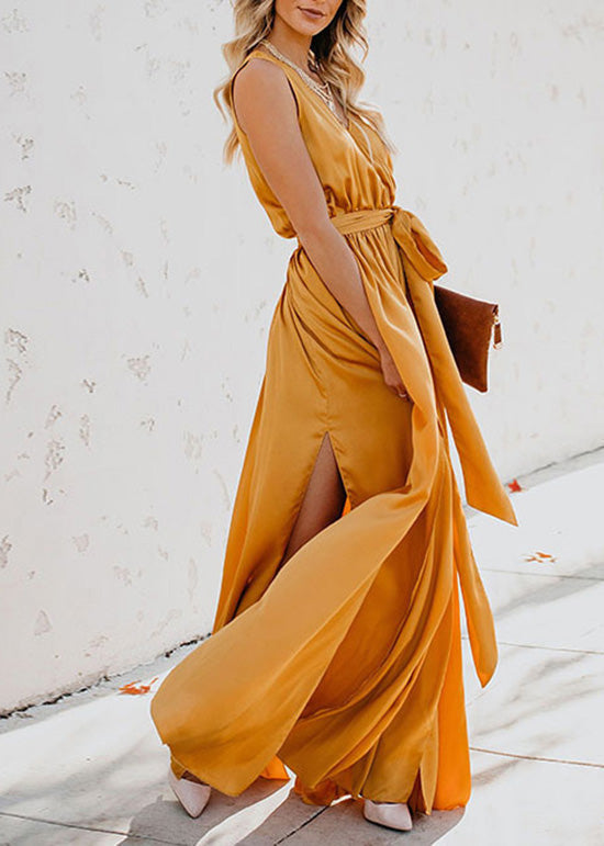 Sleeveless Wrap V-Neck Tie Waist High Slit Maxi Gown 4