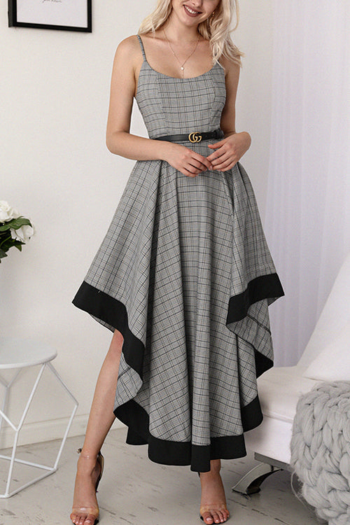 Spaghetti Strap Plaid Handkerchief Hem Belted Maxi Dress 3