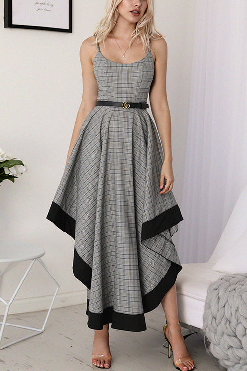 Spaghetti Strap Plaid Handkerchief Hem Belted Maxi Dress