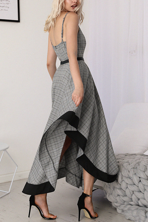 Spaghetti Strap Plaid Handkerchief Hem Belted Maxi Dress 4