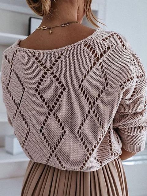 V-neck Rhombus Hollow out Knit Sweater