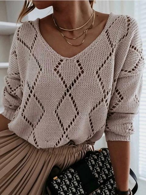 V-neck Rhombus Hollow out Knit Sweater