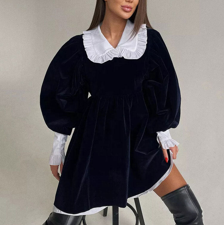 Peter Pan Collar Puff Sleeve Ruffle Cuff Velvet Babydoll Mini Dress 2