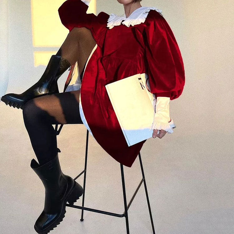 Peter Pan Collar Puff Sleeve Ruffle Cuff Velvet Babydoll Mini Dress 5