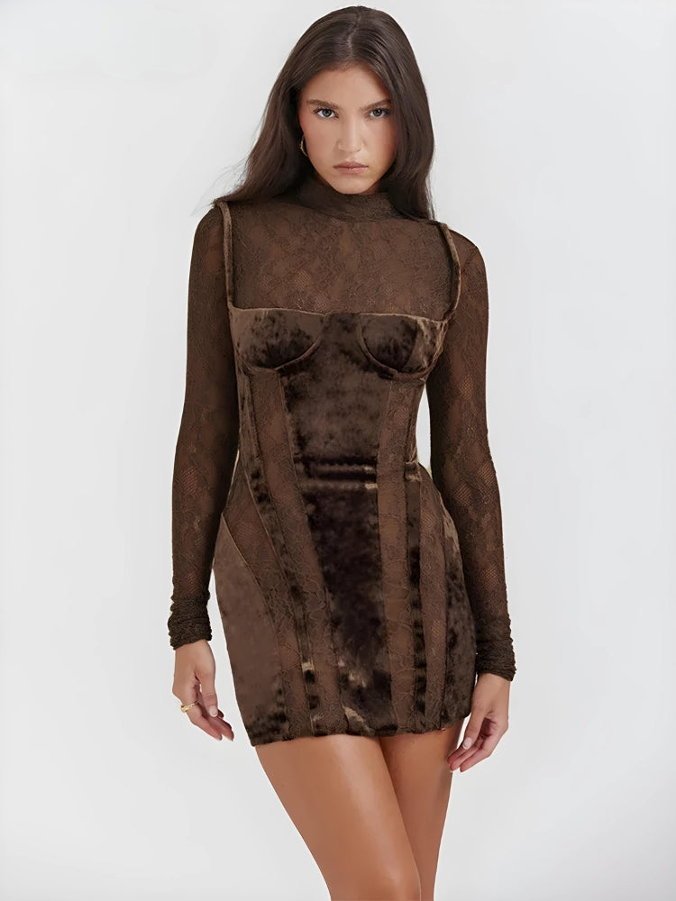 Mock Neck Lace Velvet Paneled Corset Bodycon Mini Dress