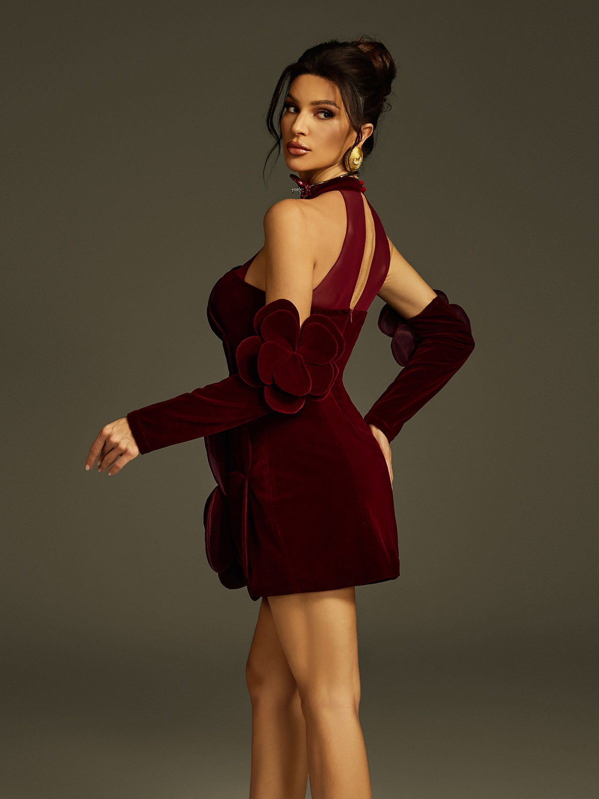 Halter High Neck Mesh Yoke 3D Velvet Flower Applique Detached Sleeve Mini Dress 6
