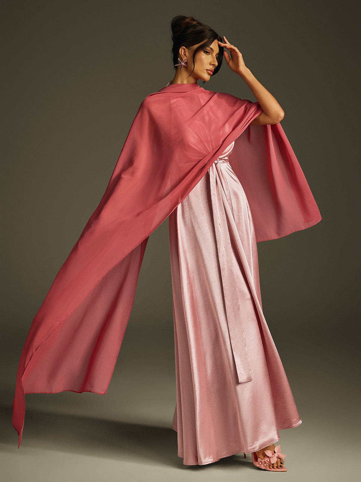 Sweetheart Neck Satin Box Pleat A Line Cape Shawl Overlay Backless Gown 2