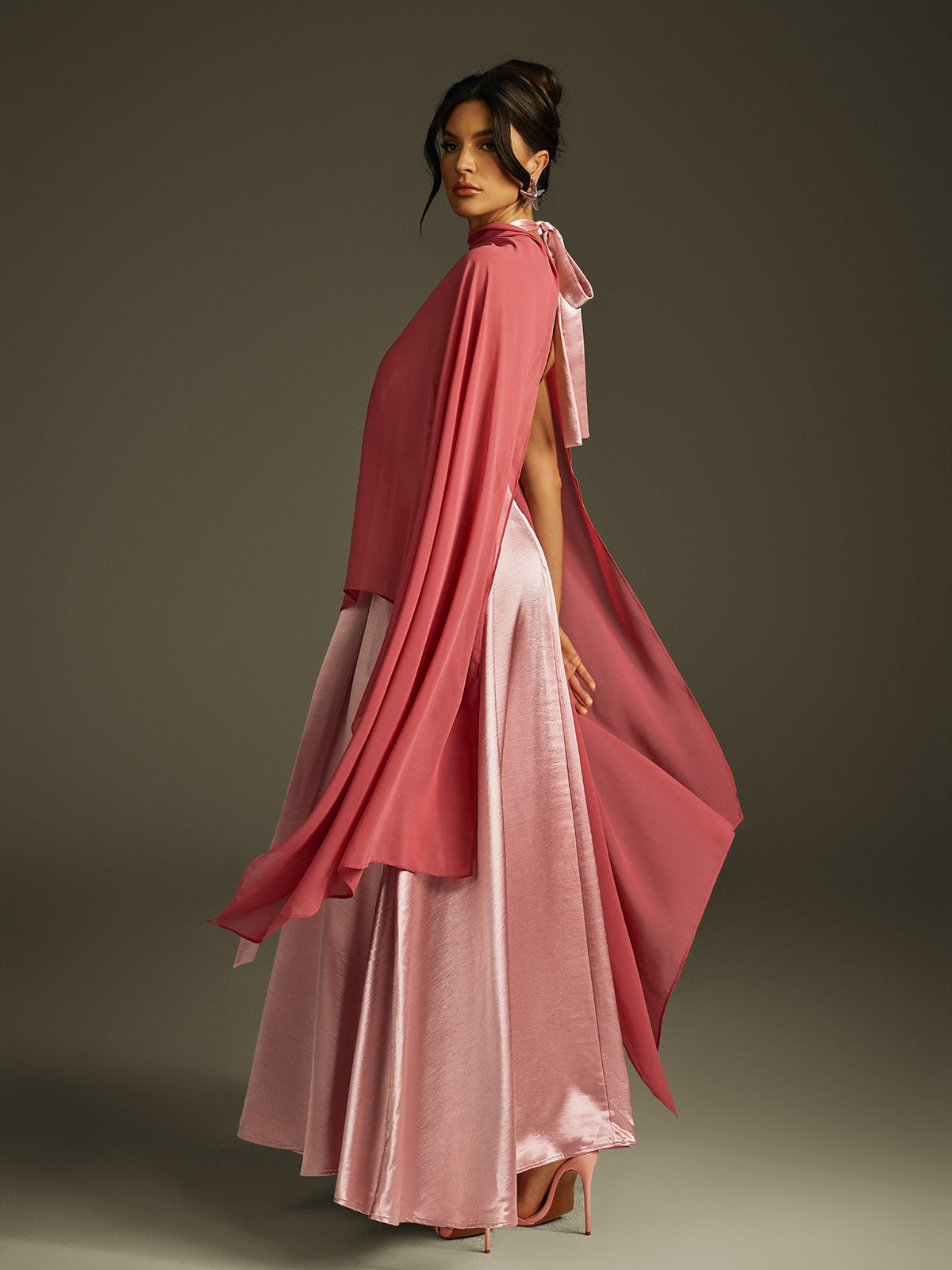 Sweetheart Neck Satin Box Pleat A Line Cape Shawl Overlay Backless Gown 6