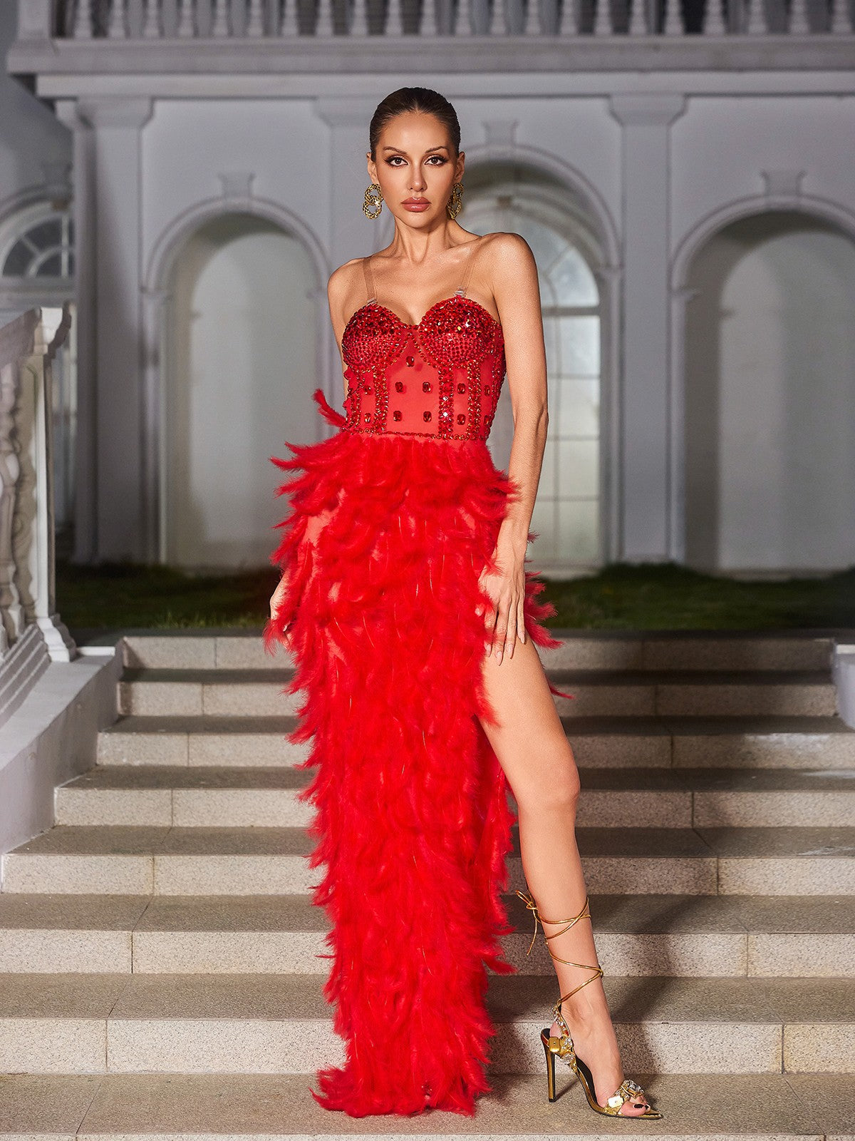 Strapless Rhinestone Beaded Bodice Feather Skirt High Slit Maxi Gown