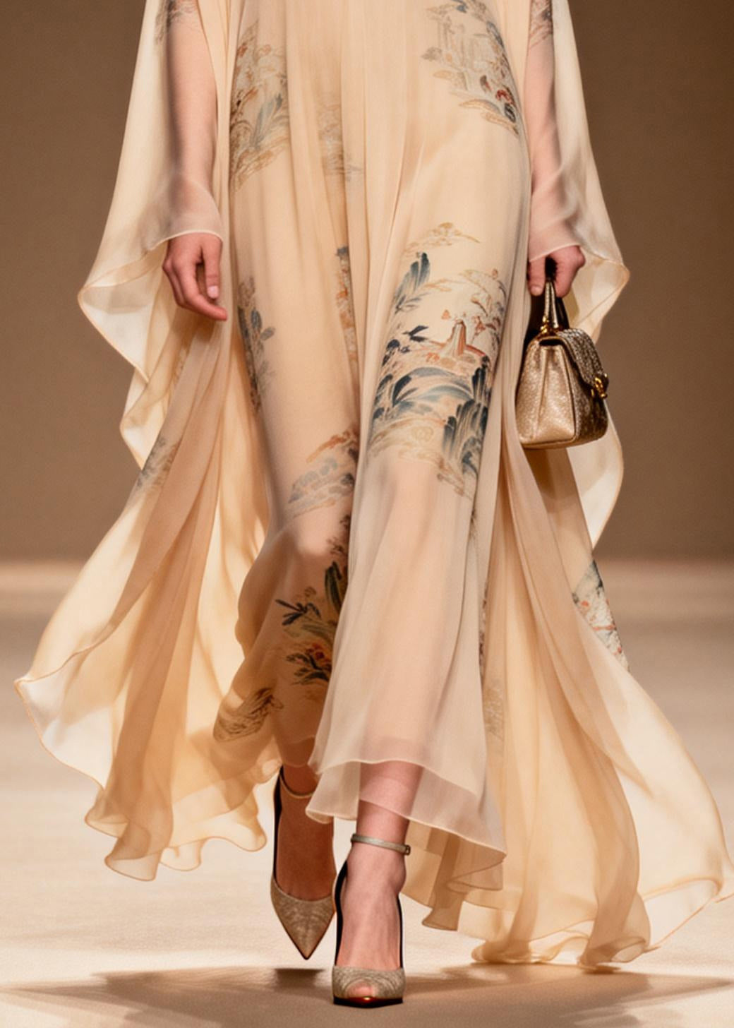 Deep V-Neck Lace Trim Collar Landscape Print Billowy Sleeve Maxi Kaftan Dress 4