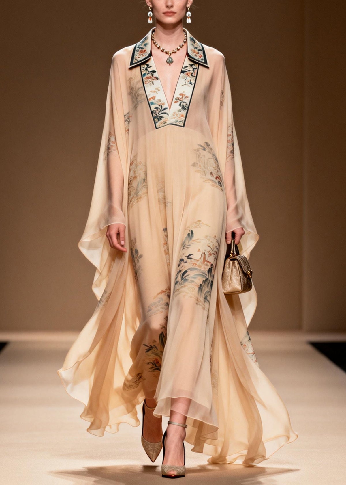 Deep V-Neck Lace Trim Collar Landscape Print Billowy Sleeve Maxi Kaftan Dress 5