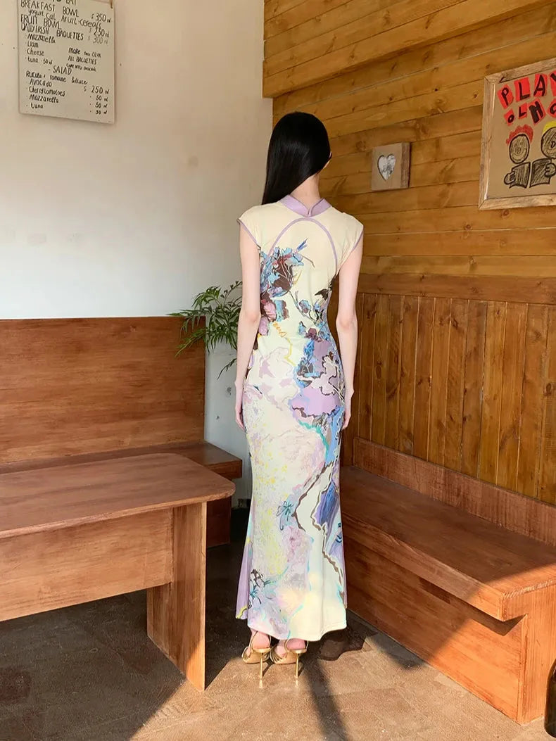Watercolor Print Mandarin Collar Keyhole Sleeveless Cheongsam Maxi Dress 2