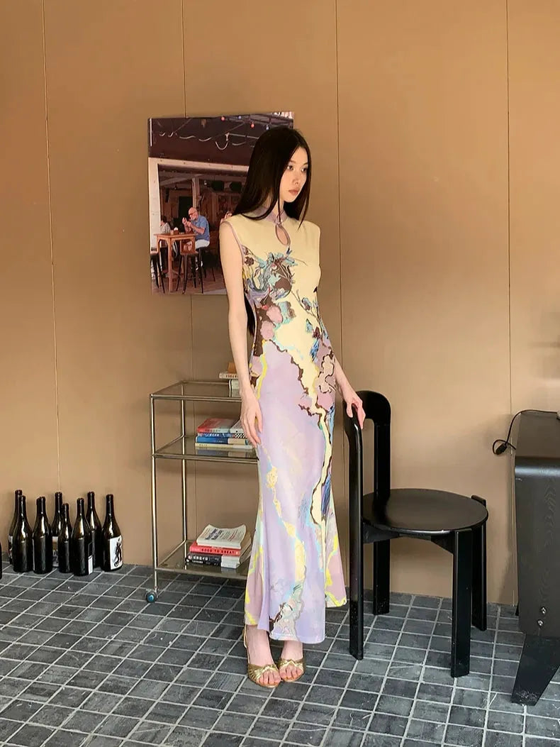 Watercolor Print Mandarin Collar Keyhole Sleeveless Cheongsam Maxi Dress 3