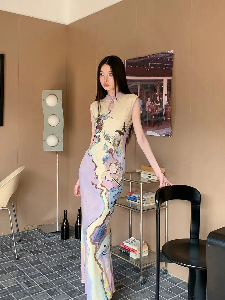 Watercolor Print Mandarin Collar Keyhole Sleeveless Cheongsam Maxi Dress 4
