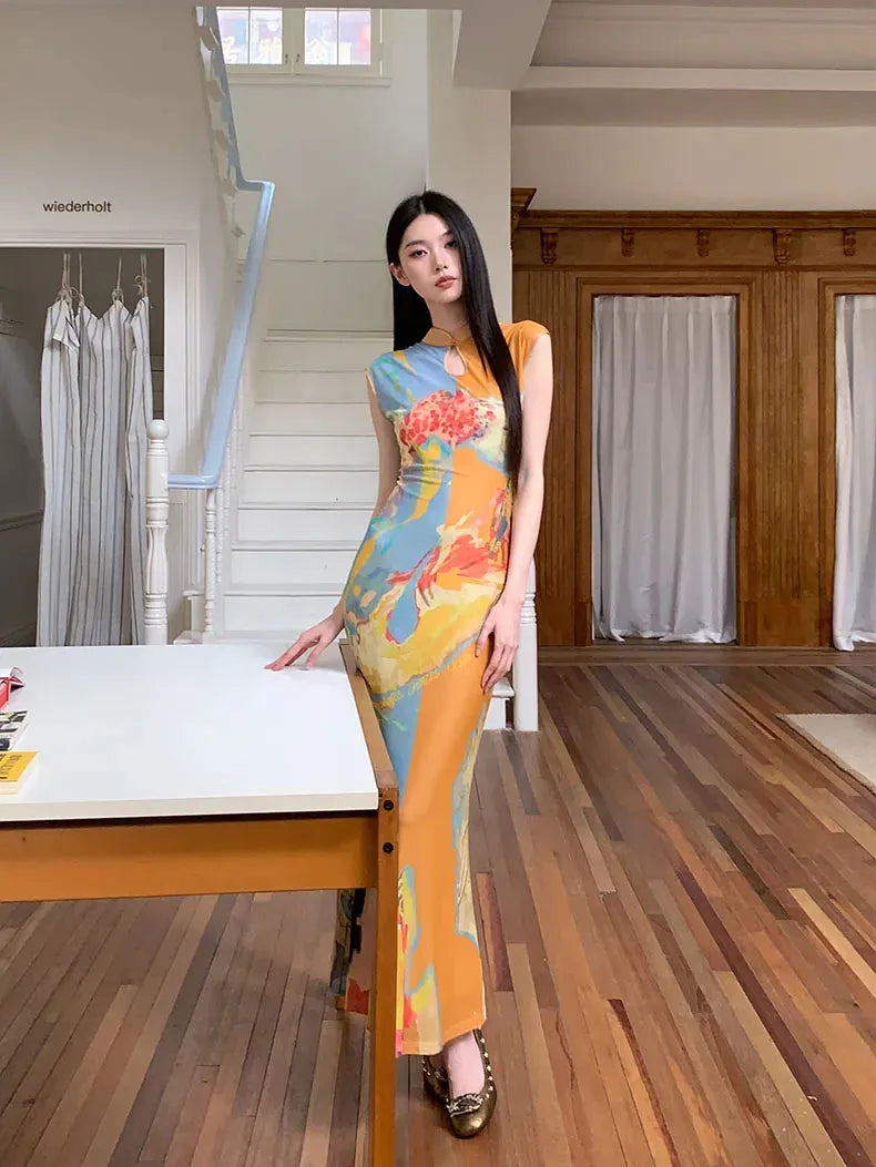 Watercolor Print Mandarin Collar Keyhole Sleeveless Cheongsam Maxi Dress 5