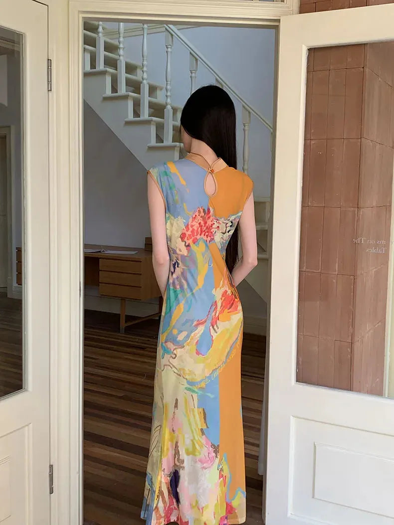 Watercolor Print Mandarin Collar Keyhole Sleeveless Cheongsam Maxi Dress 6