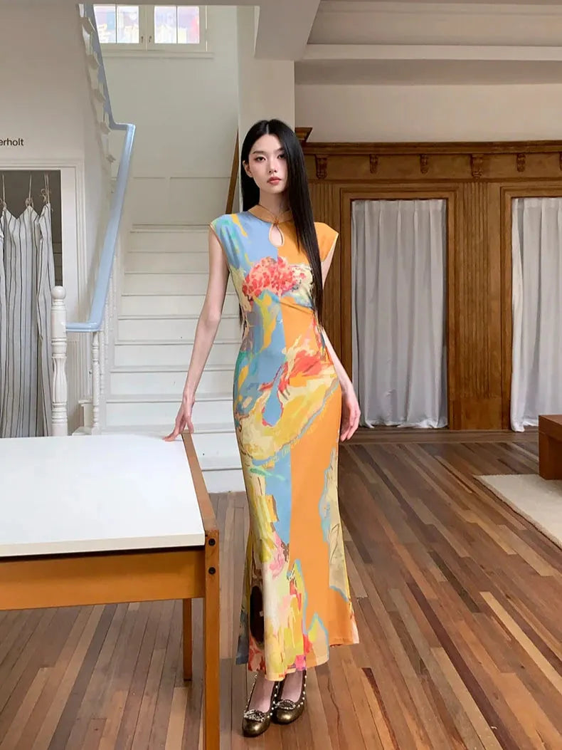 Watercolor Print Mandarin Collar Keyhole Sleeveless Cheongsam Maxi Dress 7