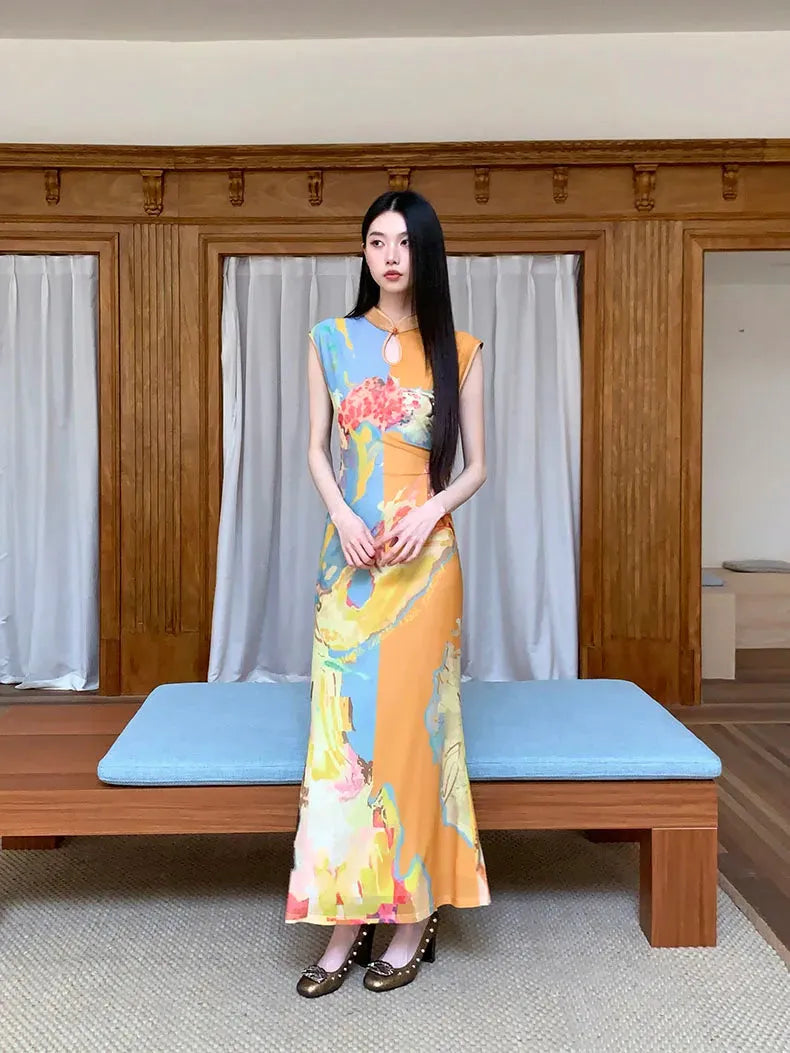 Watercolor Print Mandarin Collar Keyhole Sleeveless Cheongsam Maxi Dress 8