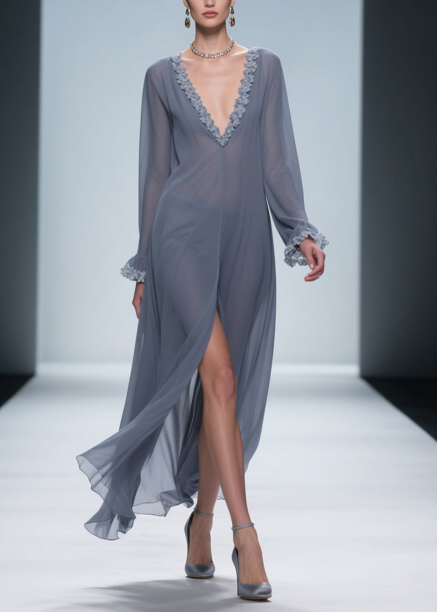 Deep V-Neck Lace Applique Bishop Sleeve Front Slit Sheer Chiffon Maxi Gown