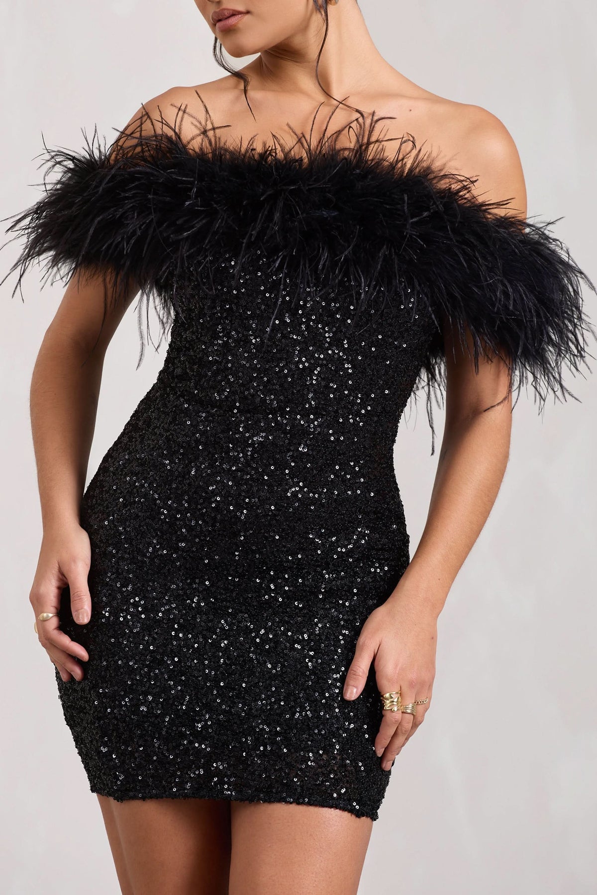 Off Shoulder Feather Trim Sequin Bodycon Mini Dress 4