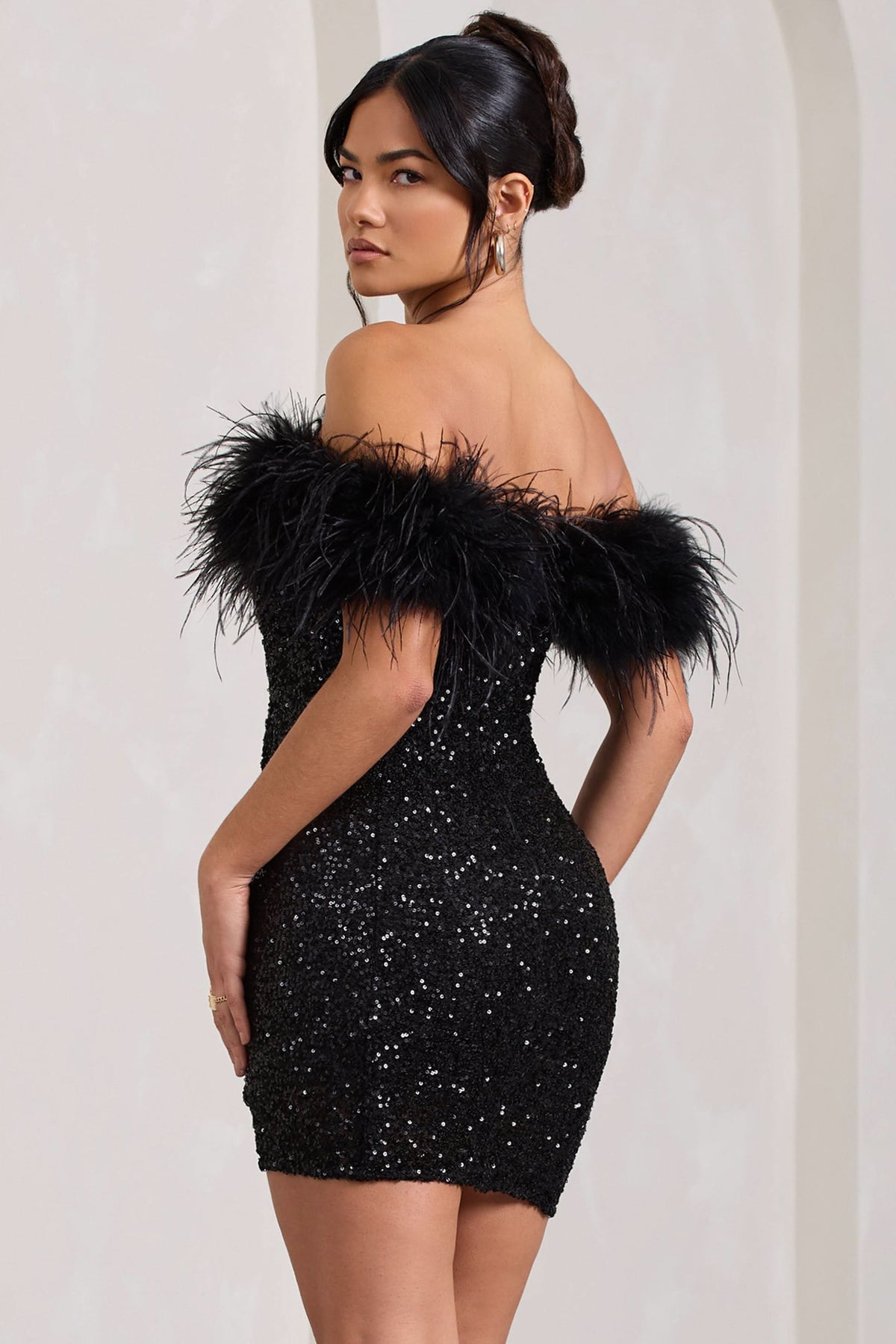 Off Shoulder Feather Trim Sequin Bodycon Mini Dress 3