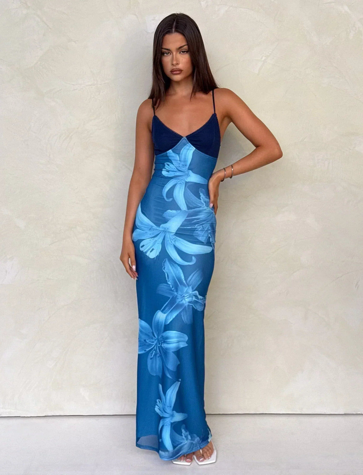 Spaghetti Strap Deep V-Neck Lily Print Mesh Bodycon Maxi Dress