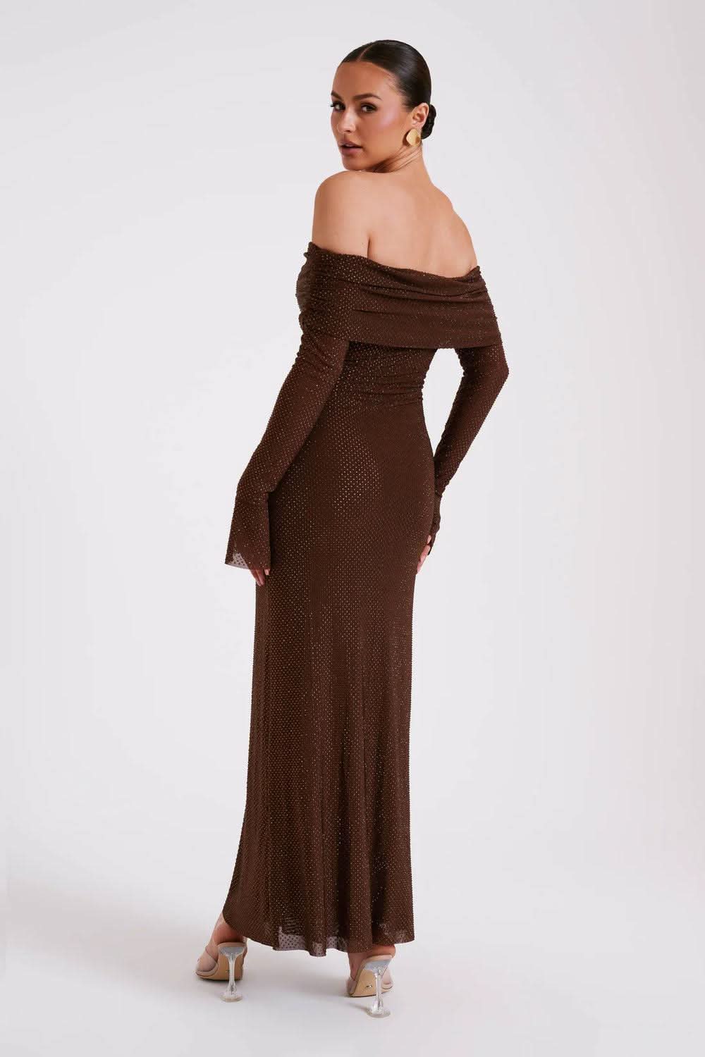 Off-Shoulder Fold-Over Bardot Bell Sleeve Shimmer Bodycon Maxi Dress 2