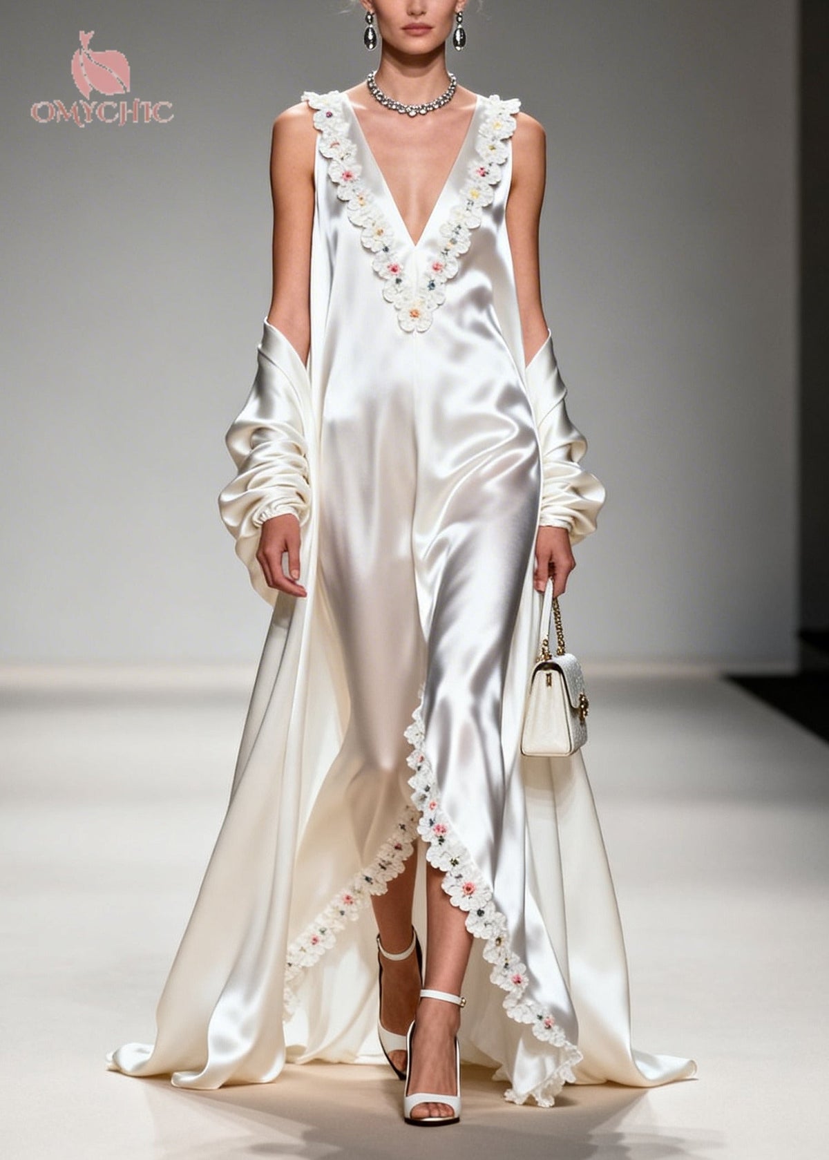 Satin Floral Applique Trim Maxi Gown With Coat