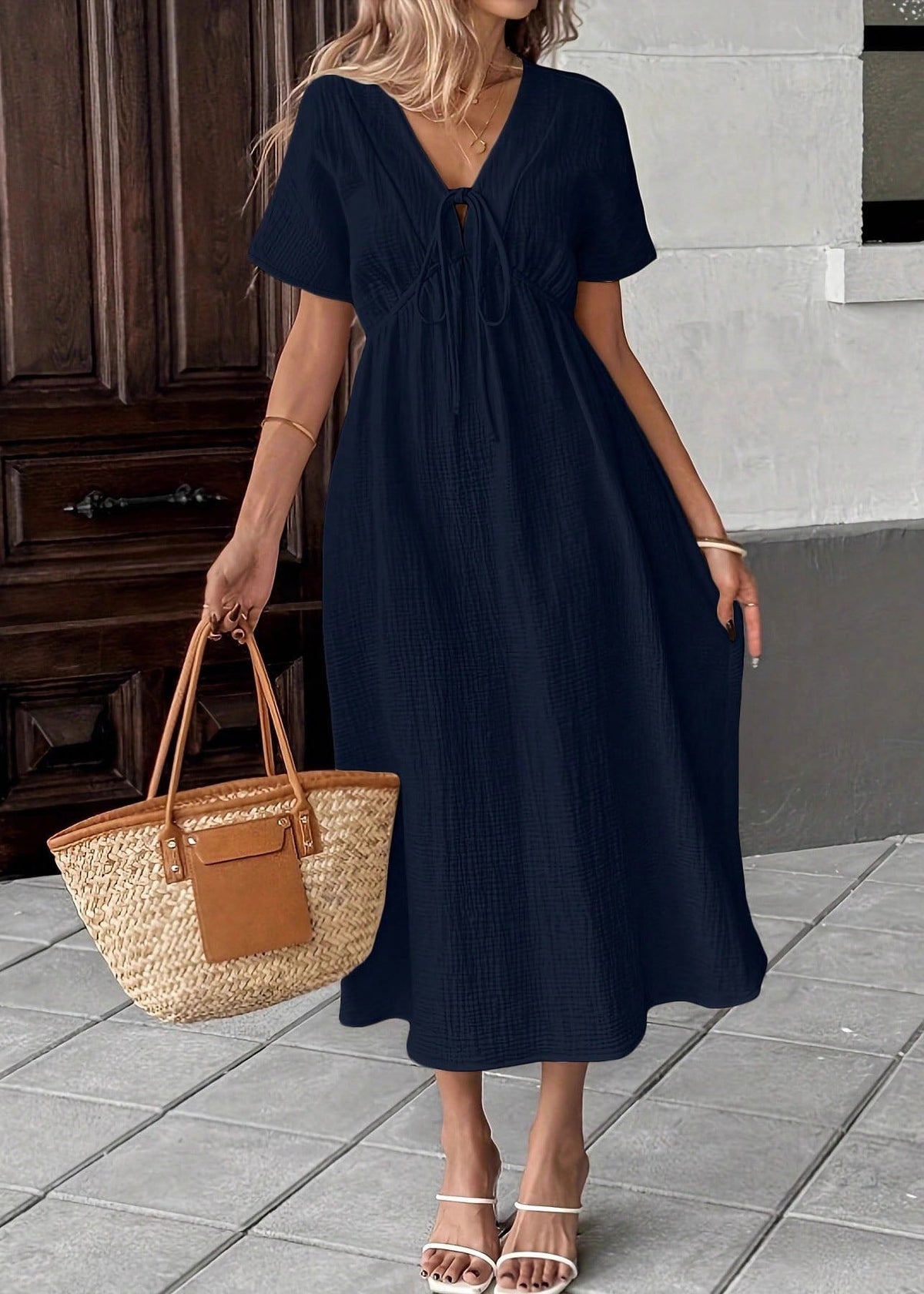 V-Neck Tie Front Empire Waist Crinkle Gauze Midi Dress 2
